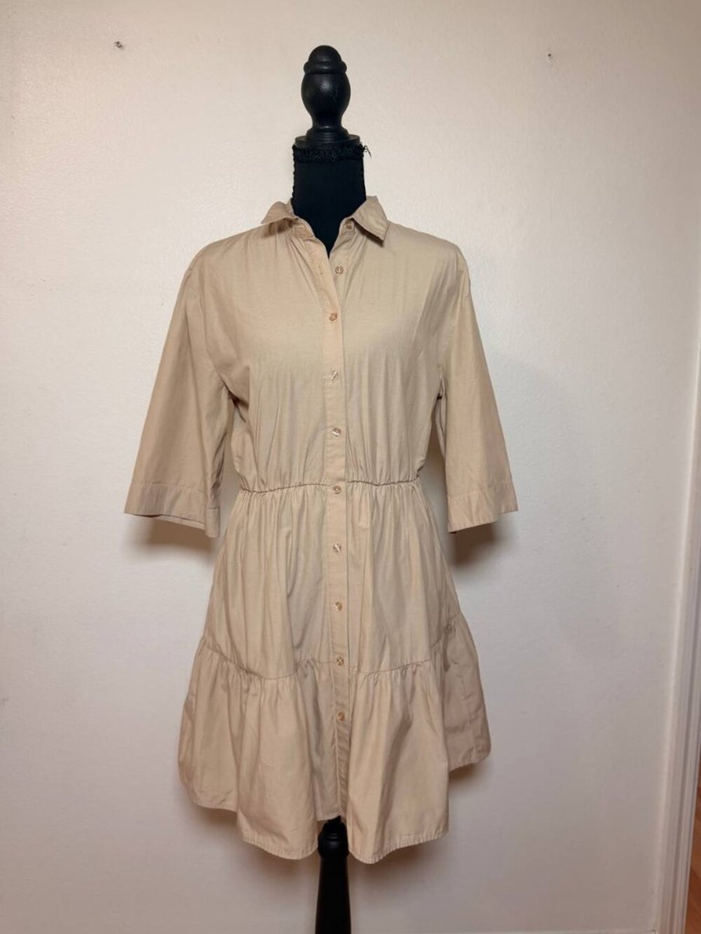 Stradivarius Beige Tiered Shirt Dress Button Front Mini Clean Girl Minimalist S